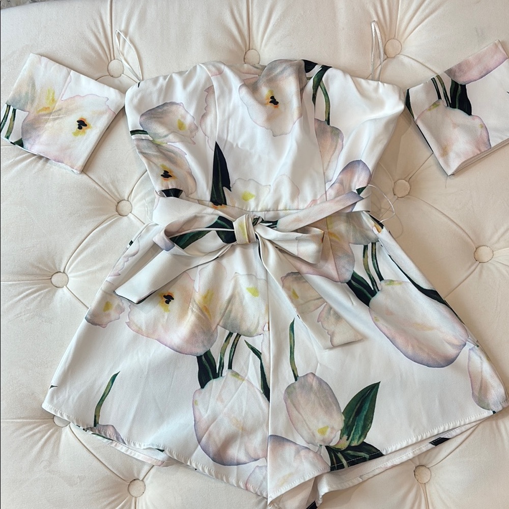 Floral Strapless Romper with Bow